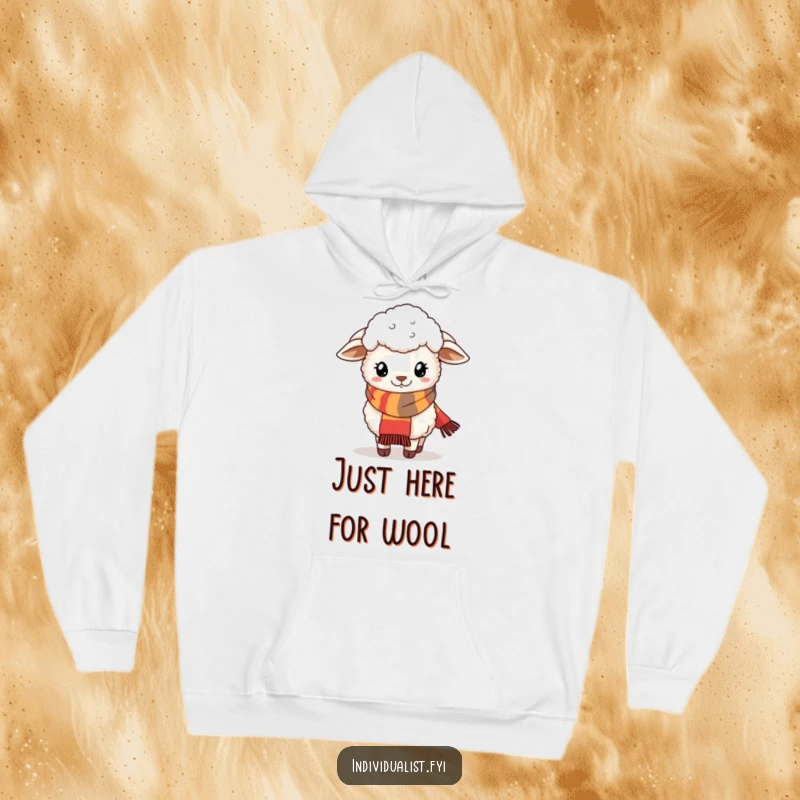 Funny hoodie depicting a fluffy sheep wearing a stylish and quirky scarf, radiating cozy fashion.