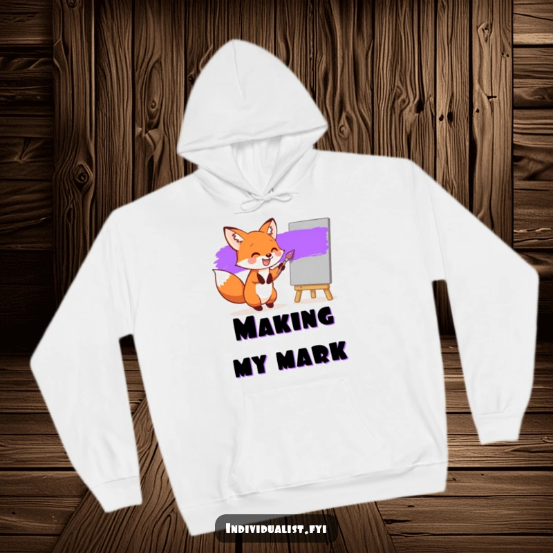 Funny hoodie featuring a joyful fox painting a single purple stripe on a grey canvas, ideal for comfort and artistic inspiration.