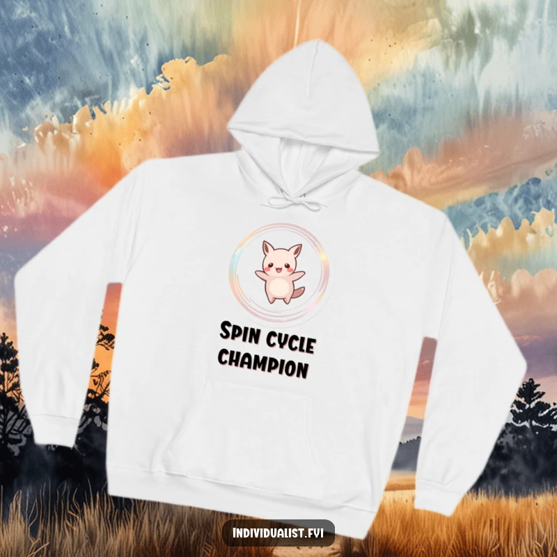 Funny hoodie showcasing a blissfully spinning creature with a distinctive silhouette, radiating a shimmering, magical aura. A warm hug of humor.