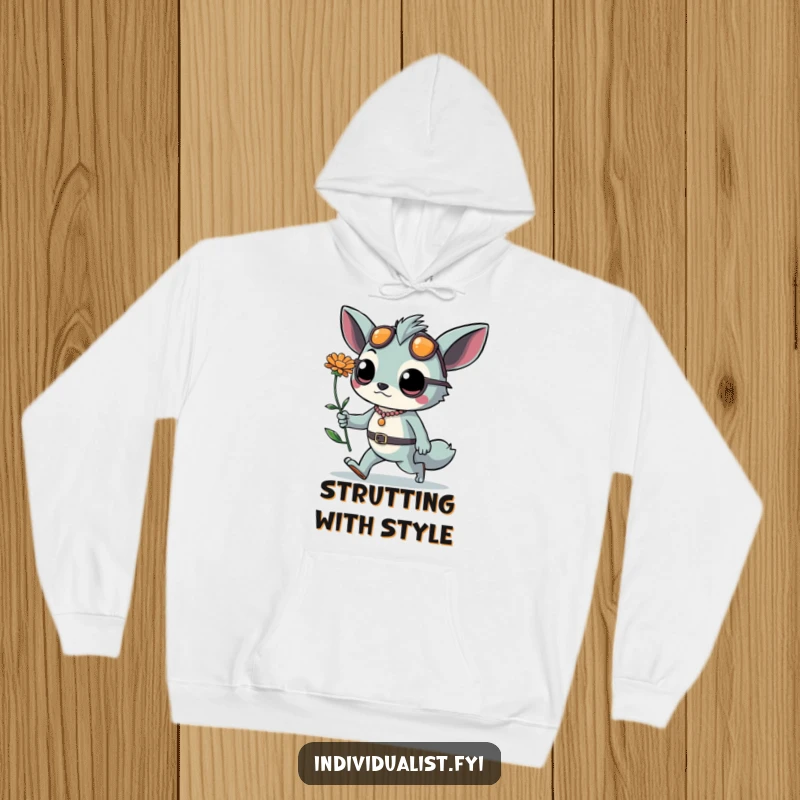 Funny hoodie featuring a stylishly bold creature adorned with daring accessories, confidently holding a unique flower. Warmth meets attitude.