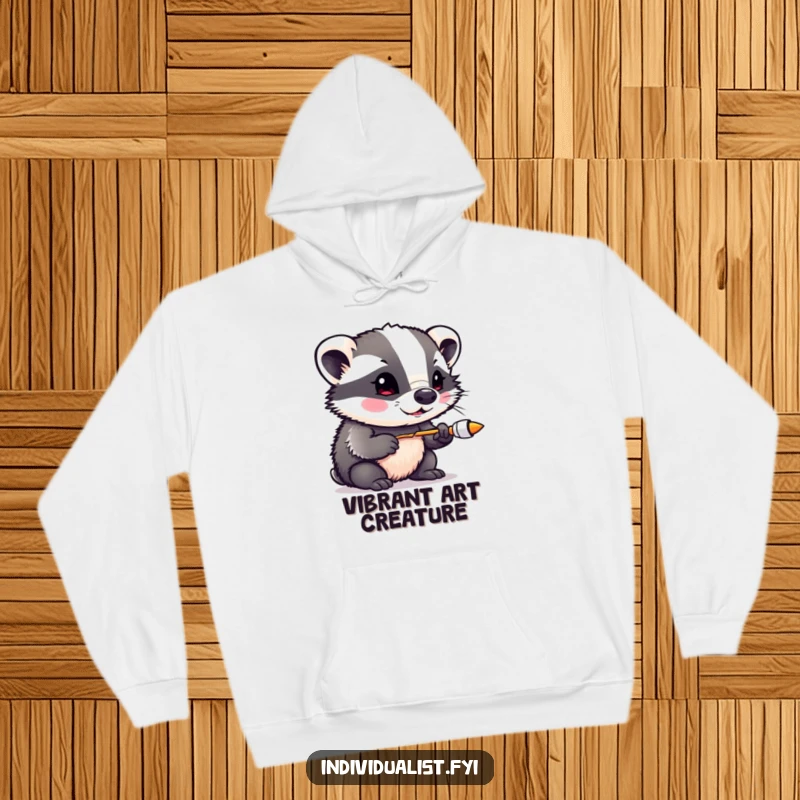 Funny badger splattered with non-traditional colors, happily painting, depicted on a soft hooded sweatshirt, ideal for artists.