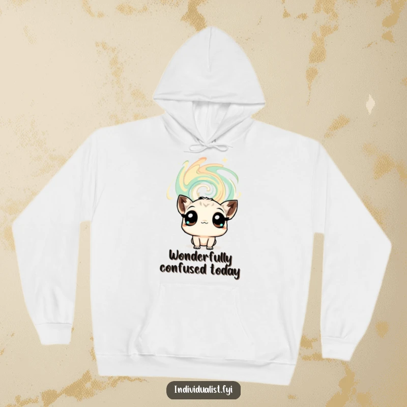 Funny hoodie illustrating a curious creature with big expressive eyes gazing into a swirling, colorful abstract pattern, evoking deep thought.