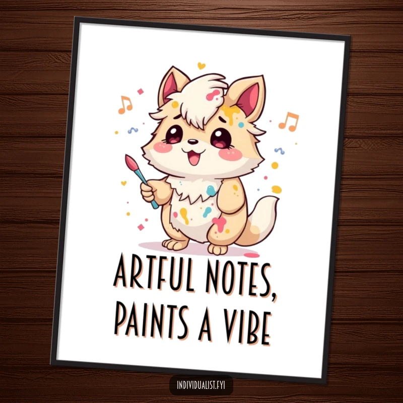 Funny Free Printable Wall Art: A creative creature with paint splattered on its fur hums a cheerful tune, embodying artistic expression.