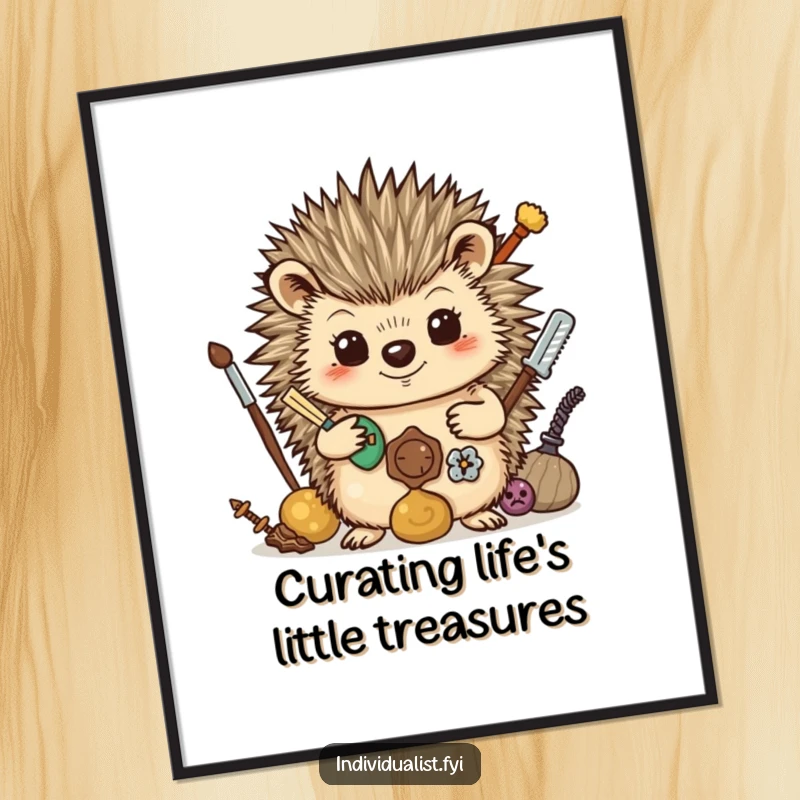 Funny Free Printable Wall Art: A proud hedgehog displaying an odd yet fascinating collection of found objects.