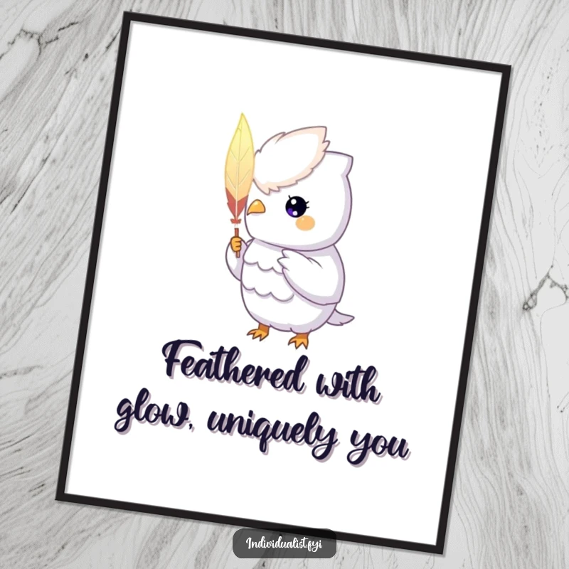 Funny Free Printable Wall Art: A unique creature with a soft glowing aura proudly displays a single, exquisitely hand-painted feather.