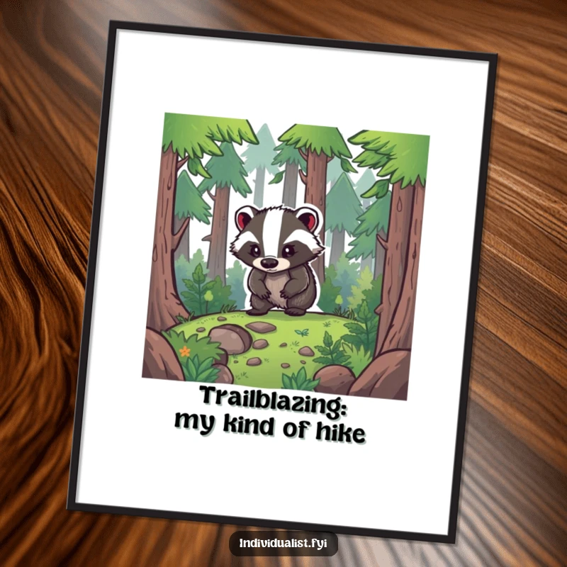 Funny Free Printable Wall Art: A determined badger forging its unique path through a dense, atmospheric forest.