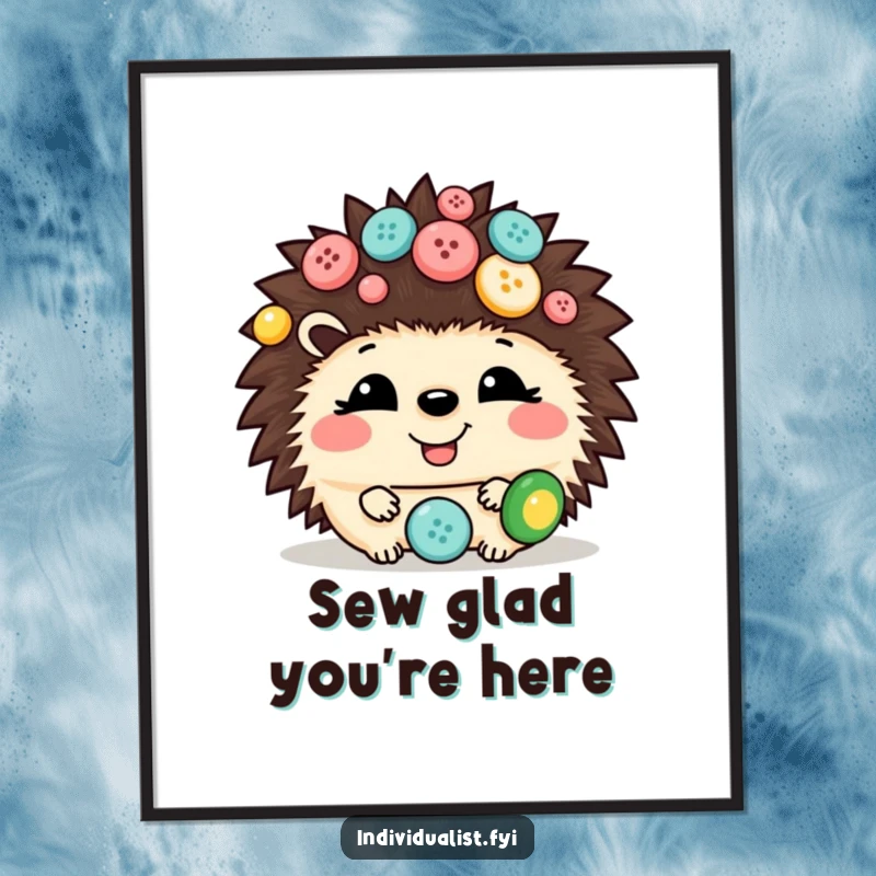 Funny Free Printable Hedgehog Wall Art: A small, giggling hedgehog covered in a delightful array of mismatched buttons.