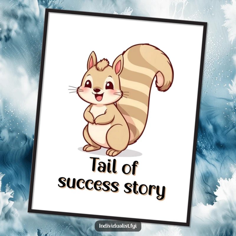Funny Free Printable Squirrel Wall Art: A cheerful squirrel standing tall with an unusually long, vibrant striped tail.