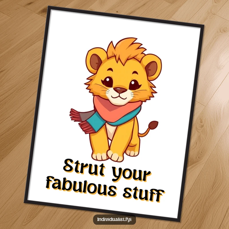 Funny Free Printable Wall Art: A determined lion cub sporting a colorful scarf strides forward with hilarious confidence.