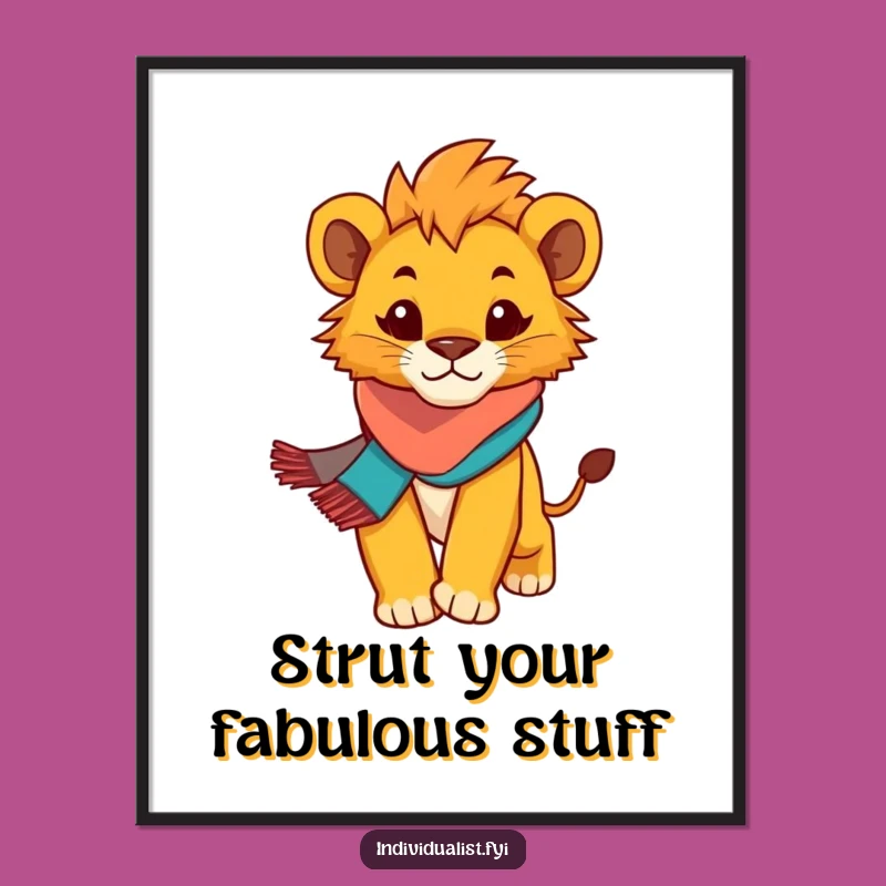 Free Printable Wall Art: Determined Lion Cub Scarf, Confident Strides, Funny Downloadable Decor