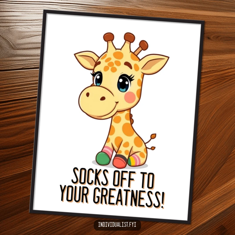 Funny Free Printable Wall Art: A happy giraffe proudly sports a pair of distinctly mismatched, vibrant, and colorful socks.
