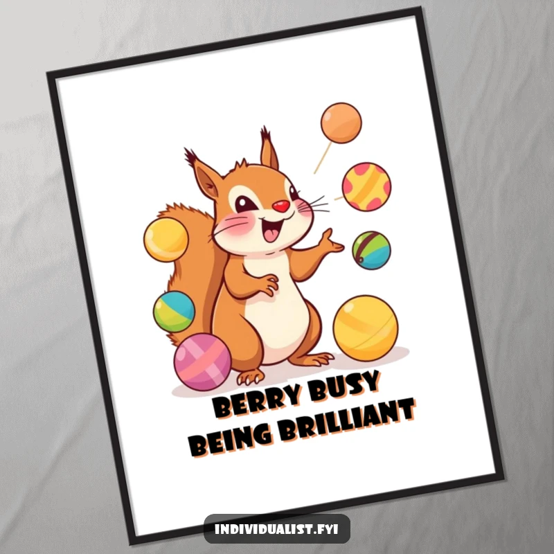 Funny Free Printable Wall Art: An agile squirrel expertly juggling a cascade of oddly shaped, colorful balls.