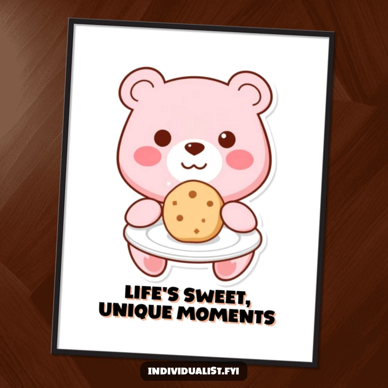 Funny Free Printable Wall Art: Adorable Kawaii bear with a big smile holding out a unique cookie on a plate.