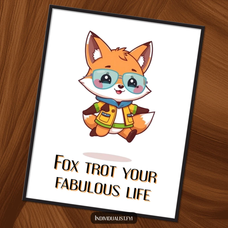 Funny Free Printable Wall Art: A playful fox in a bright, distinct outfit captured mid-jump, full of energy and charm.