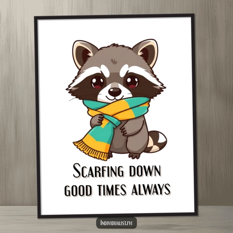 Funny Free Printable Wall Art: A playful raccoon wearing a brightly colored scarf tied in a unique and stylish knot, looking cool.