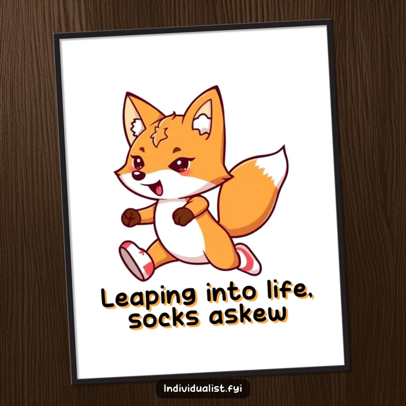 Funny free printable kawaii fox wall art of a fox in mismatched socks, leaping with impressive flair and determination.