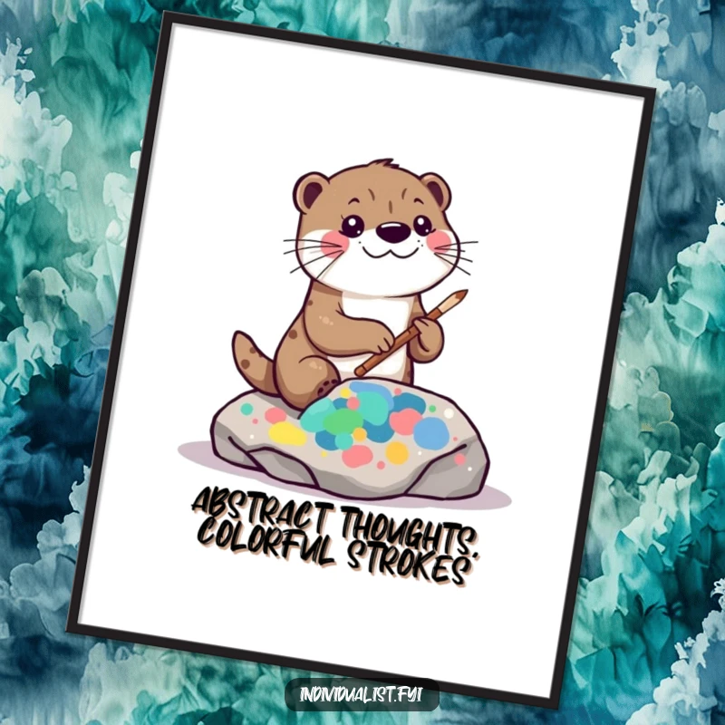 Funny free printable kawaii otter wall art of an otter playfully painting a vibrant, abstract pattern on a rock.