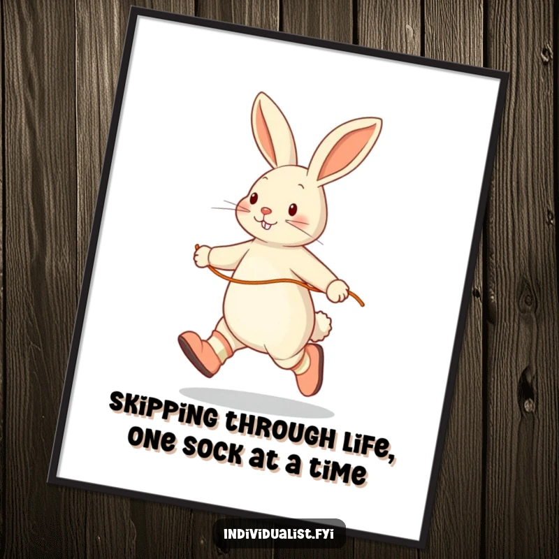 Funny Free Printable Wall Art: Rabbit happily skipping rope solo while wearing mismatched socks, bringing playful energy indoors.