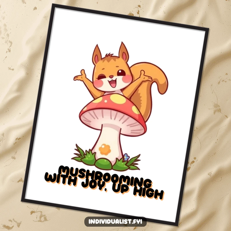 Funny free printable kawaii squirrel wall art of a squirrel striking a unique pose on a vibrant, colorful mushroom.