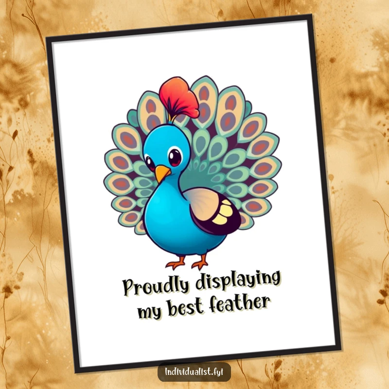 Funny Free Printable Wall Art: A magnificent peacock strutting proudly, showcasing one incredibly vibrant and colorful feather.
