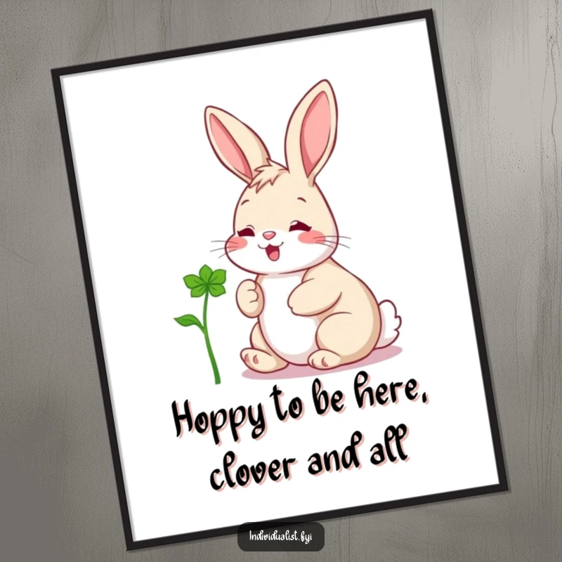 Funny Free Printable Wall Art: A cheerful rabbit joyfully inspects a uniquely shaped clover, radiating happiness.