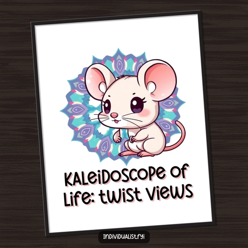 Funny Free Printable Wall Art: Adorable Kawaii mouse with inquisitive eyes gazing into a vibrant, patterned kaleidoscope.
