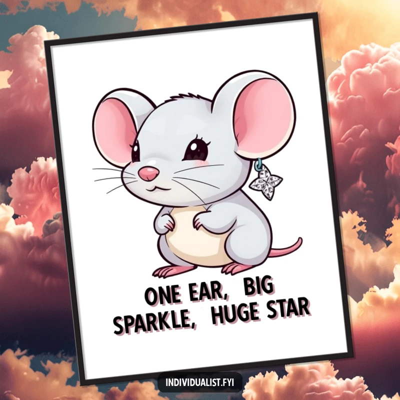 Funny Free Printable Wall Art: A tiny mouse wearing a single, oversized, dazzling sparkly earring, bringing quirky charm to any room.