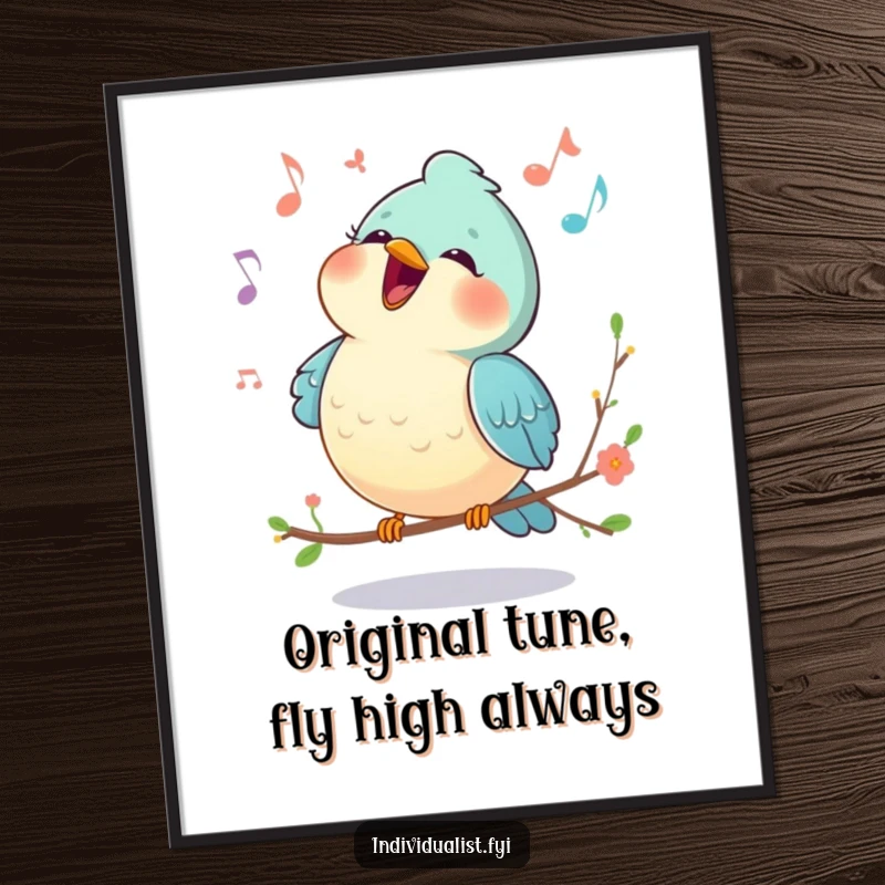 Funny Free Printable Wall Art of a happy bird singing a vibrant, unique melody, filling the space with joy.