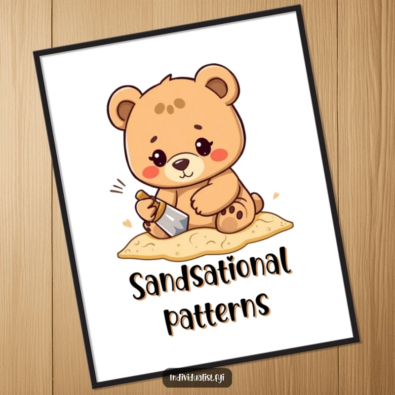 Funny Free Printable Wall Art: Serious bear meticulously sculpting an elaborate, abstract design into a sandy beach surface with focus.