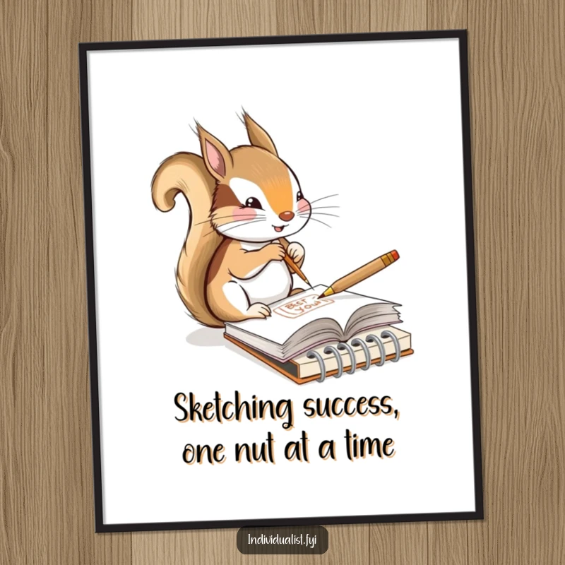 Funny Free Printable Wall Art: A charming squirrel engrossed in sketching a unique design in a tiny notebook, ready to inspire.