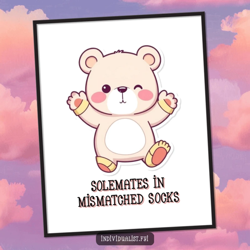 Funny Free Printable Wall Art: A whimsical bear wearing mismatched socks striking an unusual pose, adding quirky charm to decor.