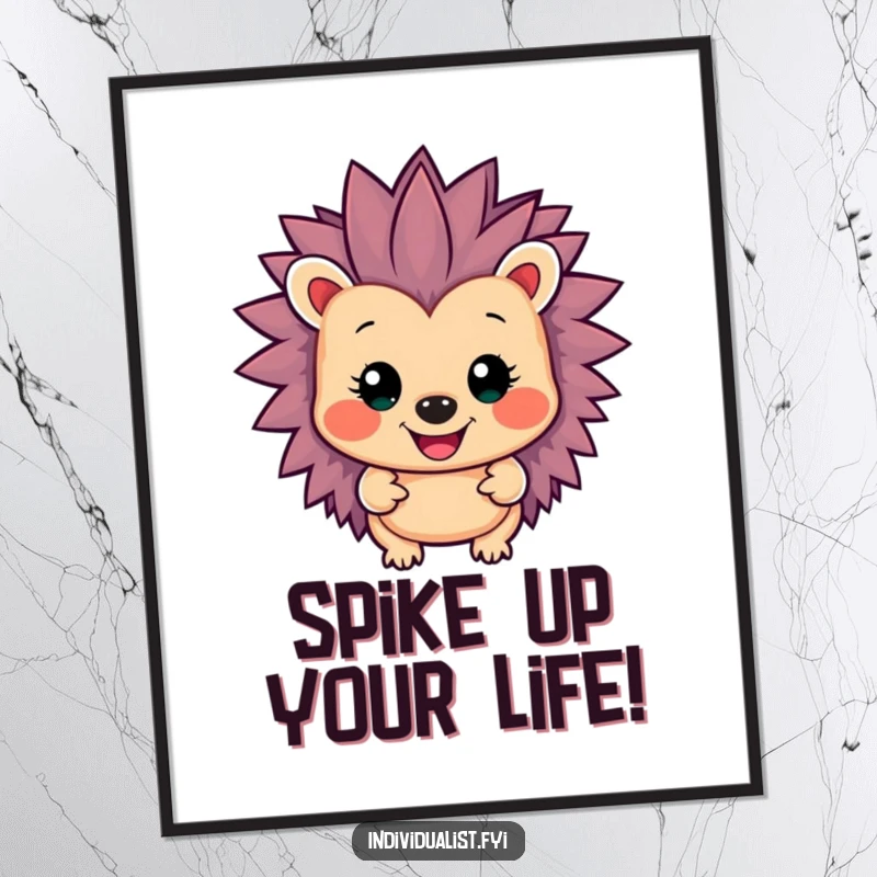 Funny Free Printable Wall Art: Whimsical hedgehog character with extremely bright, mismatched spiky colors, smiling warmly.