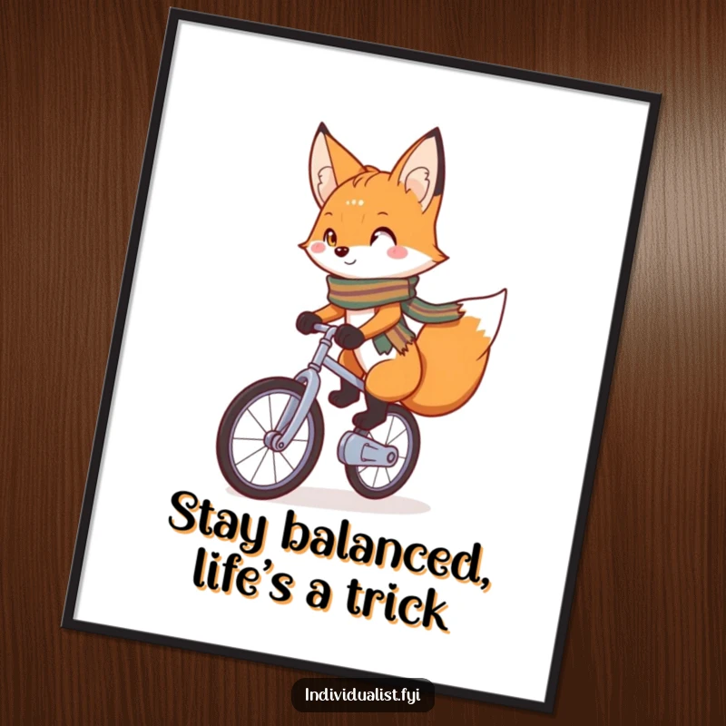 Funny Free Printable Wall Art: A charming fox with a bright scarf confidently riding a unicycle down a street.