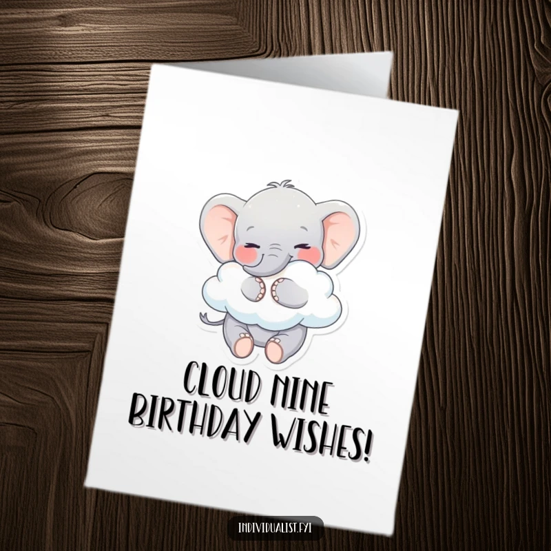 Funny Free Printable Birthday Card: A delighted elephant joyfully embraces a quirky cloud with a wide smile.