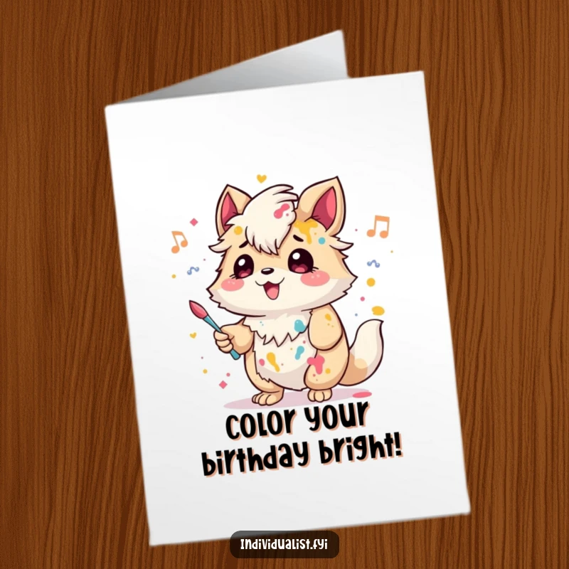 Funny Free Printable Birthday Card: A creative creature with paint on its fur hums a cheerful tune, celebrating a birthday with artistic flair.