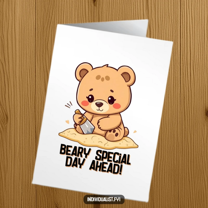 Funny Free Printable Birthday Card: Determined bear carefully carving an intricate, abstract pattern into wet beach sand with a focused expression.