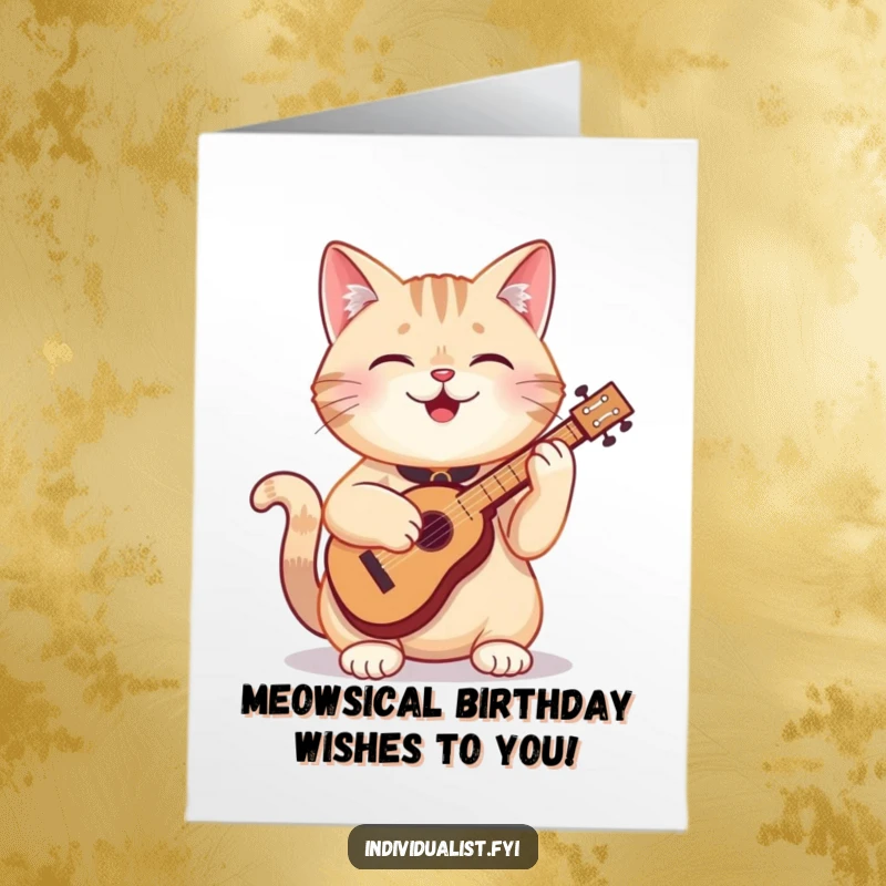 Funny Free Printable Birthday Card featuring a joyful cat playing a quirky, tiny instrument with musical notes flying.