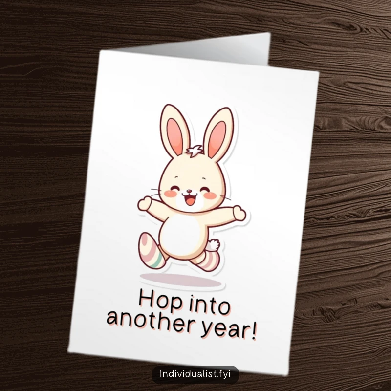 Funny Free Printable Birthday Card of a cheerful rabbit in mismatched socks skipping joyfully, spreading birthday happiness.