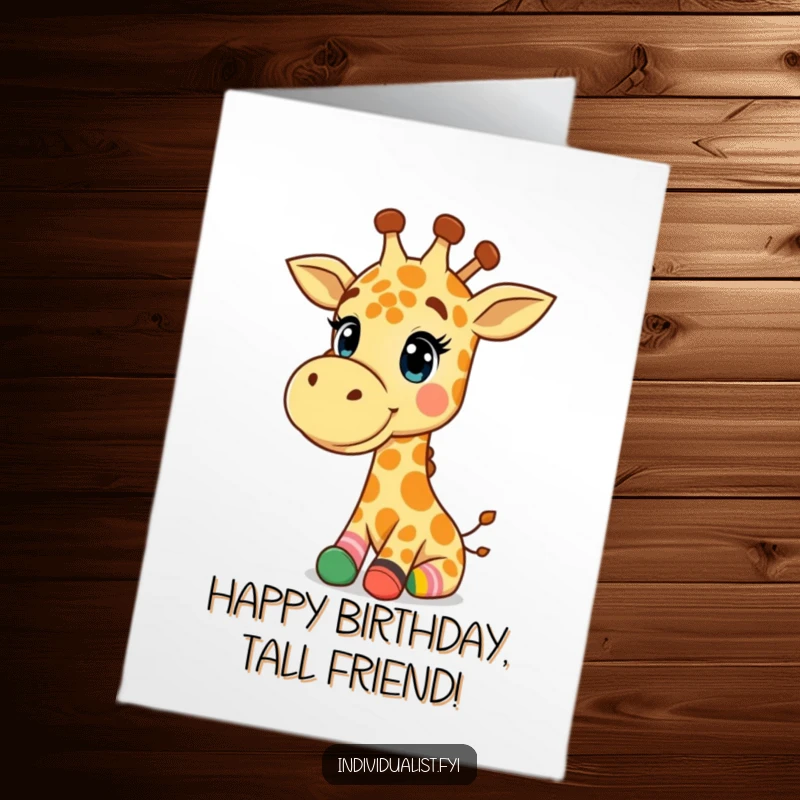 Funny Free Printable Birthday Card: A happy giraffe grins, proudly showing off a mismatched pair of brightly colored socks.