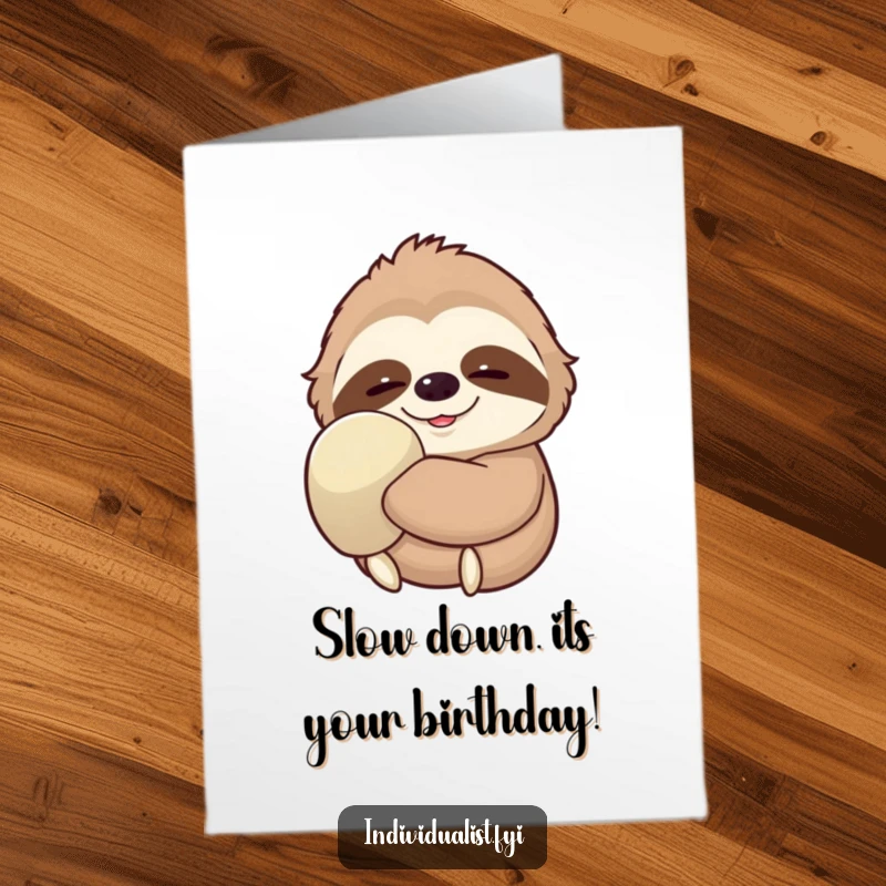 Funny Free Printable Birthday Card: A contented sloth wearing one oversized glove, smiling serenely, wishing a slow and happy birthday.