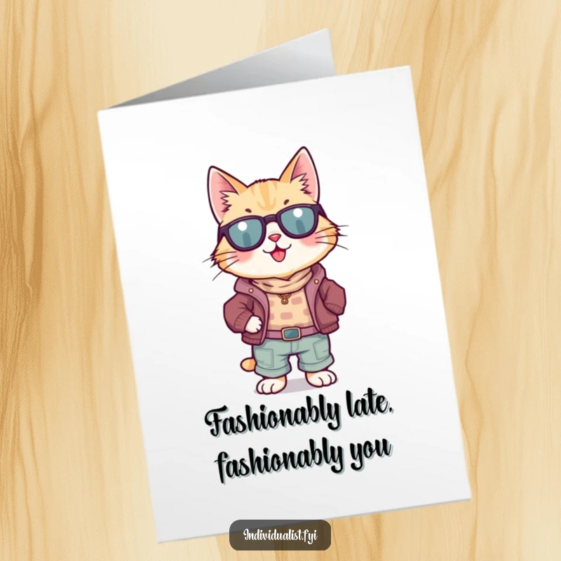 Funny Free Printable Birthday Card: A stylish cat in mismatched fabulous clothes posing confidently for your celebration.
