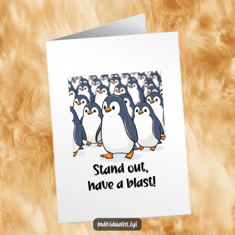 Funny Free Printable Birthday Card: Determined Kawaii penguin confidently walking against a flow of identical penguins.