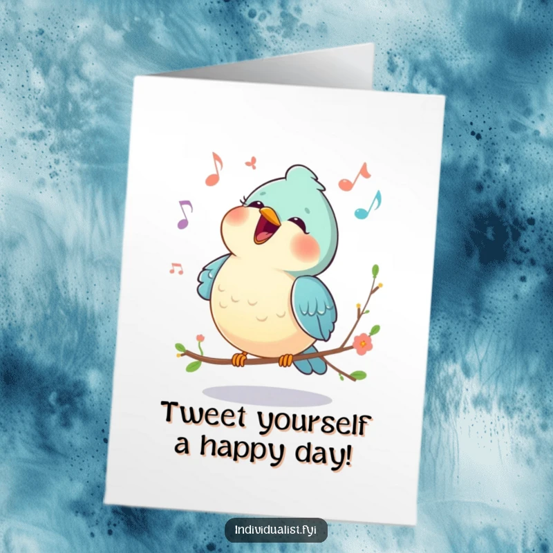 Funny Free Printable Birthday Card: A happy bird, mid-song, with musical notes flying, celebrating a special day.