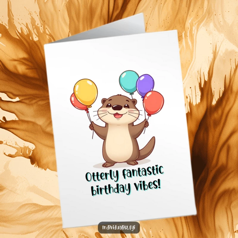Funny Free Printable Birthday Card: Happy otter gleefully juggling mismatched, colorful balloons, embodying pure birthday fun.