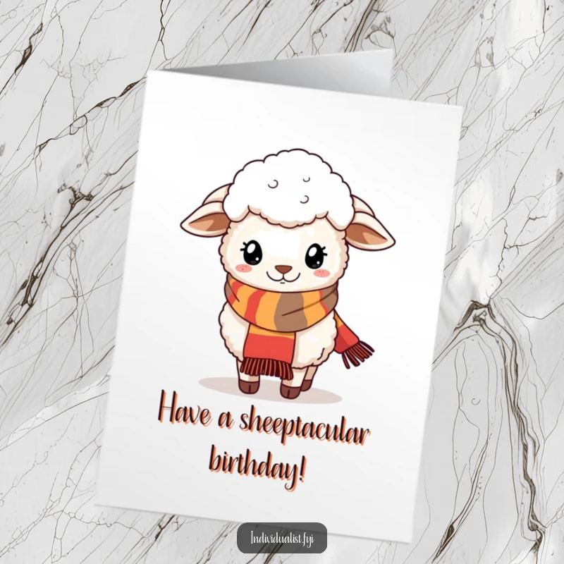 Funny Free Printable Birthday Card: A fluffy sheep sporting a stylish and quirky, colorful scarf with great confidence.