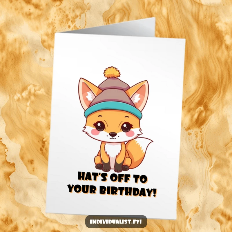Funny Free Printable Birthday Card: A curious fox proudly wearing a unique, very brightly colored, eye-catching hat.
