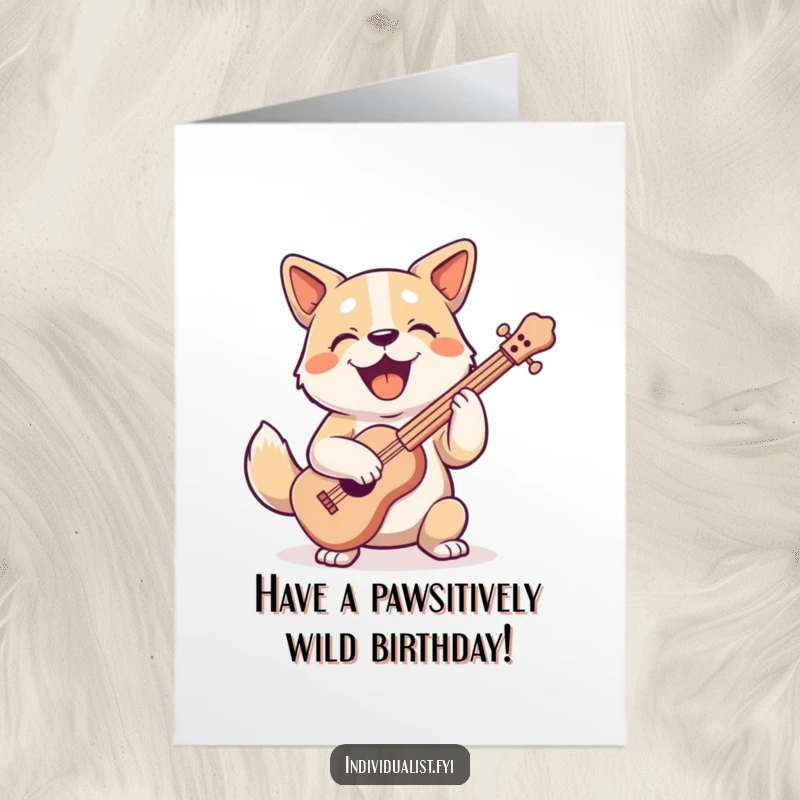Funny Free Printable Birthday Card: Joyful dog enthusiastically playing a strangely shaped, colorful musical instrument with a happy expression.