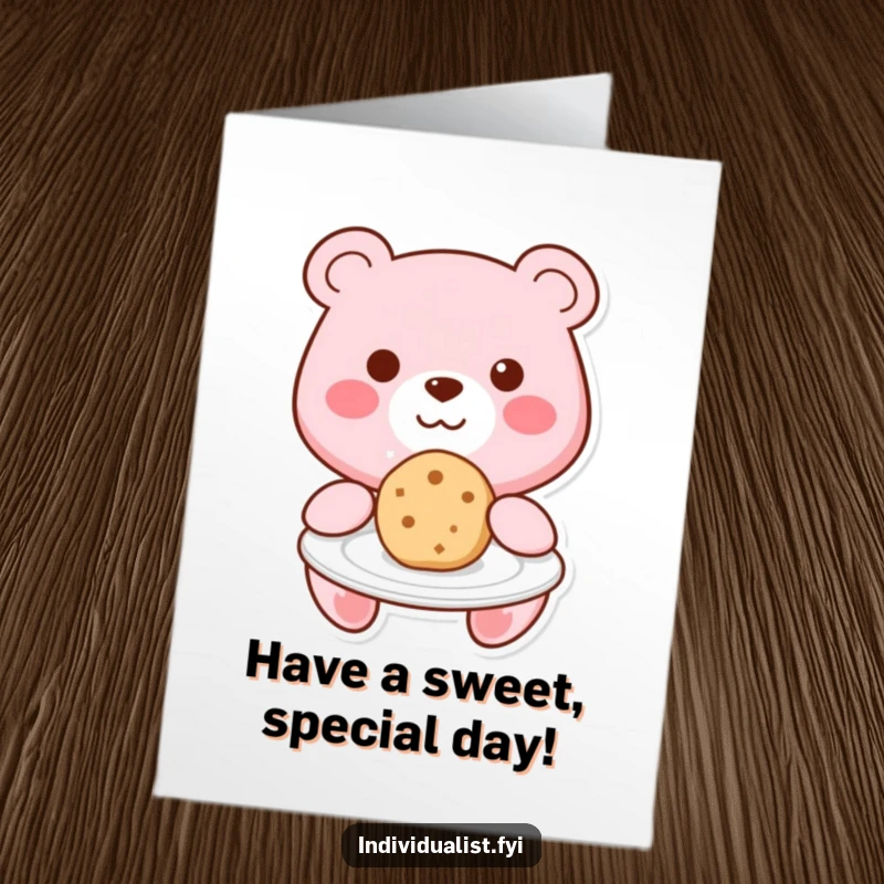 Funny Free Printable Birthday Card: Smiling Kawaii bear holding out a unique shaped cookie on a plate.