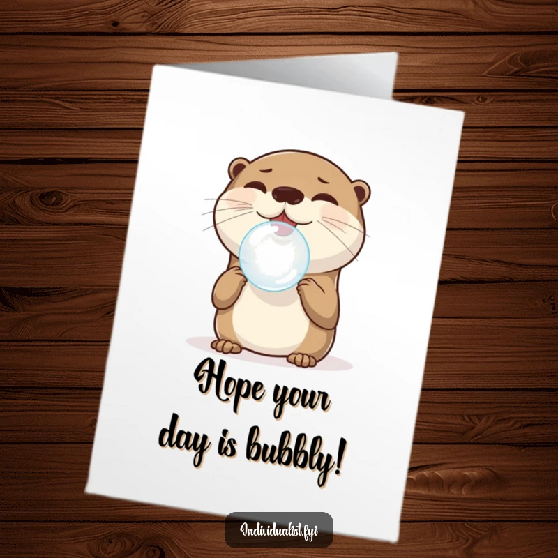 Funny Free Printable Birthday Card: Joyful otter perfectly balancing a single, round bubble on its nose, celebrating with lighthearted glee.