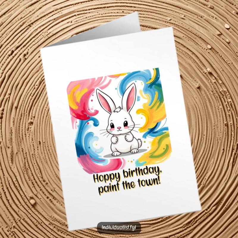 Funny Free Printable Birthday Card: A focused bunny enthusiastically painting colorful abstract swirls.
